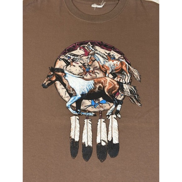 Unbranded Other - Vintage Native American Warriors Horse Riding Dream catcher Graphic Brown Tee L